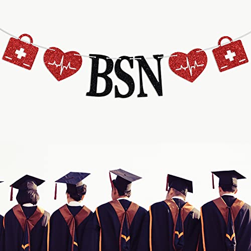 Ferastar 2021 BSN Banner, Congrats Nurse Banner, Class of 2021 Nurse Graduation Party Decoration Black Red Glitter