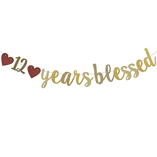 12 Years Blessed Banner Gold Glitter Paper Party Decorations Sign for 12th Wedding Anniversary 12 Years Old 12th Birthday Party Supplies Letters QWLQIAO