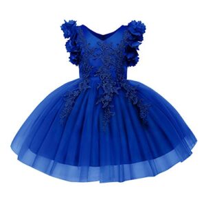 flower girl applique embroidery dress toddler girls tulle princess wedding dress birthday pageant lace bridesmaid first communion tutu dress christening formal party ball gowns royal blue 11-12 years