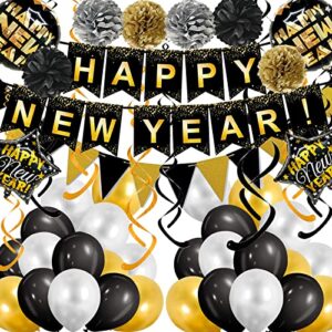 black happy new year banner gold black paper flag bunting swirl streamers & pom poms balloons for new year party decorations