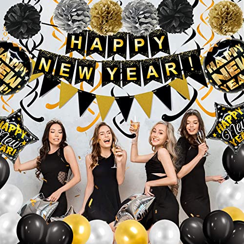 Black Happy New Year Banner Gold Black Paper Flag Bunting Swirl Streamers & Pom Poms Balloons for New year Party Decorations