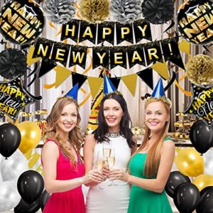 Black Happy New Year Banner Gold Black Paper Flag Bunting Swirl Streamers & Pom Poms Balloons for New year Party Decorations