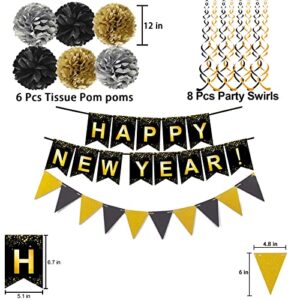 Black Happy New Year Banner Gold Black Paper Flag Bunting Swirl Streamers & Pom Poms Balloons for New year Party Decorations