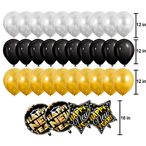 Black Happy New Year Banner Gold Black Paper Flag Bunting Swirl Streamers & Pom Poms Balloons for New year Party Decorations