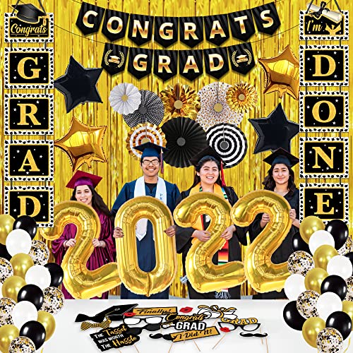 Huge, Graduation Party Decorations 2022 - Pack of 75 | Congrats Grad Banner, Graduation Photo Props | Gold Fringe Graduation Backdrop | Graduation Banner, Black and Gold Graduation Decorations 2022