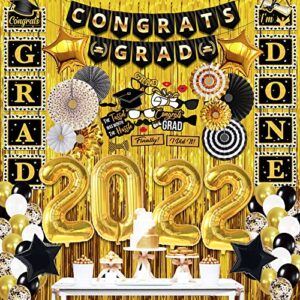 Huge, Graduation Party Decorations 2022 - Pack of 75 | Congrats Grad Banner, Graduation Photo Props | Gold Fringe Graduation Backdrop | Graduation Banner, Black and Gold Graduation Decorations 2022