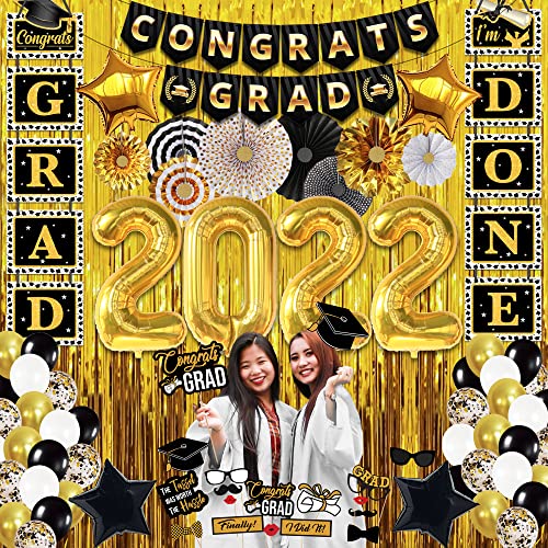 Huge, Graduation Party Decorations 2022 - Pack of 75 | Congrats Grad Banner, Graduation Photo Props | Gold Fringe Graduation Backdrop | Graduation Banner, Black and Gold Graduation Decorations 2022