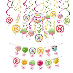 candy party decorations-candy cutouts lollipop hanging swirls & banner, candyland party decor for girls kids birthday baby shower 1st 3st birthday home classroom event sweet shop party supplies