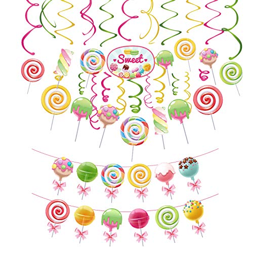 Candy Party Decorations-Candy Cutouts Lollipop Hanging Swirls & Banner, CandyLand Party Decor for Girls Kids Birthday Baby Shower 1st 3st Birthday Home Classroom Event Sweet Shop Party Supplies