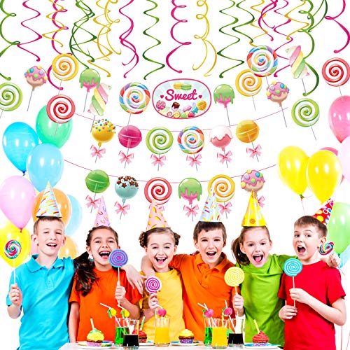 Candy Party Decorations-Candy Cutouts Lollipop Hanging Swirls & Banner, CandyLand Party Decor for Girls Kids Birthday Baby Shower 1st 3st Birthday Home Classroom Event Sweet Shop Party Supplies