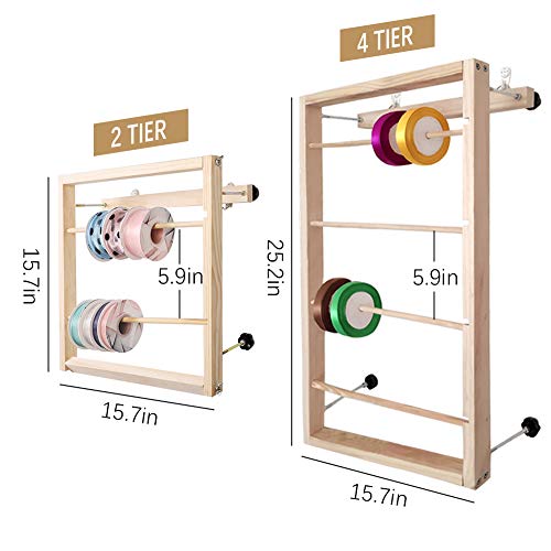 Kelendle 4 Tier Wall Mounted Wooden Ribbon Organizer Rack Wood Lace Dispenser Rolls Curling Spool Storage Container Embroidery Thread Holder Stand