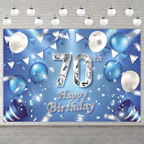 Happy 70th Birthday Banner Background Decorations Balloons Crystal Confetti Theme Decor for Men or Women Cheers to 70 Years Party Favors Supplies Blue Silver