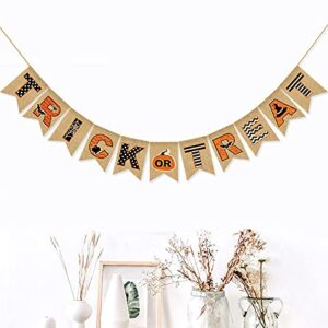 Vedran Trick or Treat Burlap Banner, Multicolor Halloween Burlap Banner Decorations with Pumpkin Bat Spider Web Elements Black Orange, Indoor and Outdoor Decoration Supplies