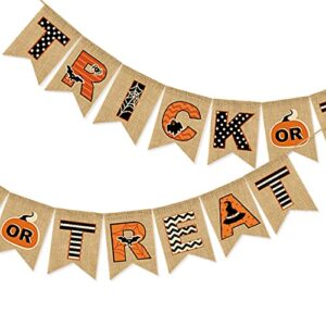Vedran Trick or Treat Burlap Banner, Multicolor Halloween Burlap Banner Decorations with Pumpkin Bat Spider Web Elements Black Orange, Indoor and Outdoor Decoration Supplies
