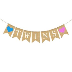 rustic jute burlap twins banner for boy girl twins baby shower gender reveal party decoration