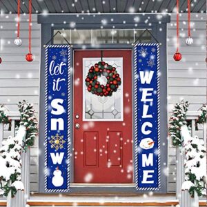 whaline winter porch sign christmas hanging banner welcome & let it snow door sign snowflakes snowman banner decoration for home indoor outdoor front porch wall farmhouse holiday party