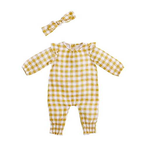 Mud Pie Gingham Bodysuit and Headband Set, Mustard, 3-6 Months