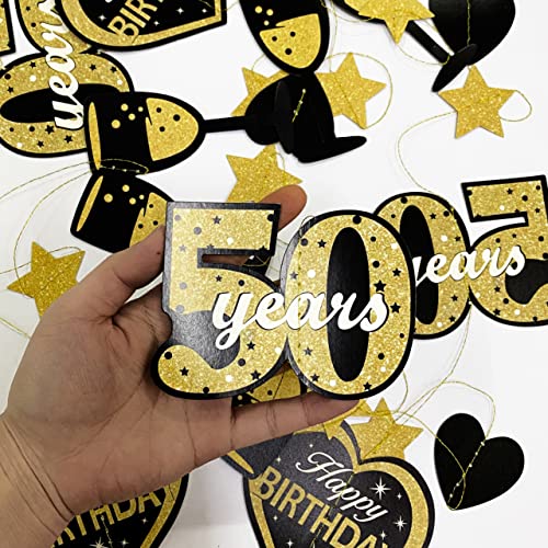 Black Gold 50th Birthday Decorations Cheers to 50 Years Happy Birthday Hearts and Wine Glass Garland Bunting Banner Streamers Backdrop for 50 Year Old Birthday Fifty Fabulous Fiftieth Party Supplies