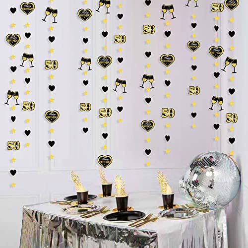 Black Gold 50th Birthday Decorations Cheers to 50 Years Happy Birthday Hearts and Wine Glass Garland Bunting Banner Streamers Backdrop for 50 Year Old Birthday Fifty Fabulous Fiftieth Party Supplies