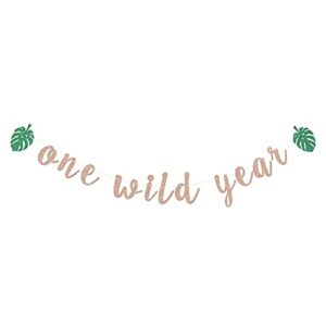 one wild year banner baby girl boy first birthday decorations hawaiian theme party bunting with leaves – rose gold