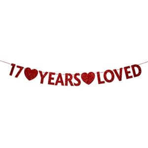 red 17 year loved banner, red glitter happy 17th birthday party decorations, supplies