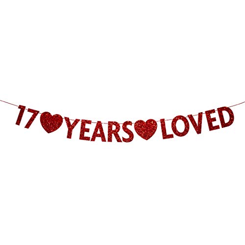 Red 17 Year Loved Banner, Red Glitter Happy 17th Birthday Party Decorations, Supplies