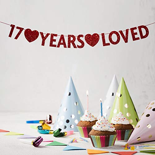 Red 17 Year Loved Banner, Red Glitter Happy 17th Birthday Party Decorations, Supplies