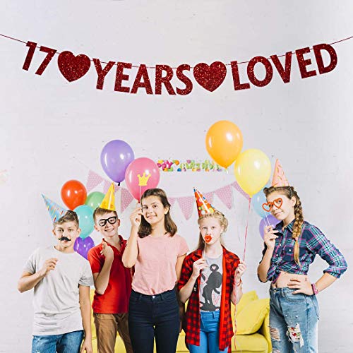 Red 17 Year Loved Banner, Red Glitter Happy 17th Birthday Party Decorations, Supplies