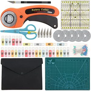 welltop rotary cutter set, 96 pcs quilting kit 45mm fabric cutters kit with 5 extra blades a4 cutting mat acrylic ruler carving knife craft clips bags full tools for crafting sewing patchworking