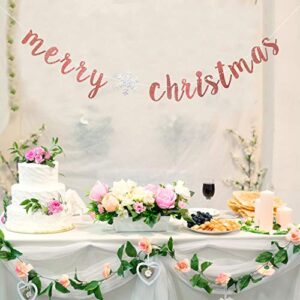 Rose Gold Glitter Merry Christmas Banner-Great for Christmas Party Decor- Holiday Home Mantle Fireplace Party Decorations