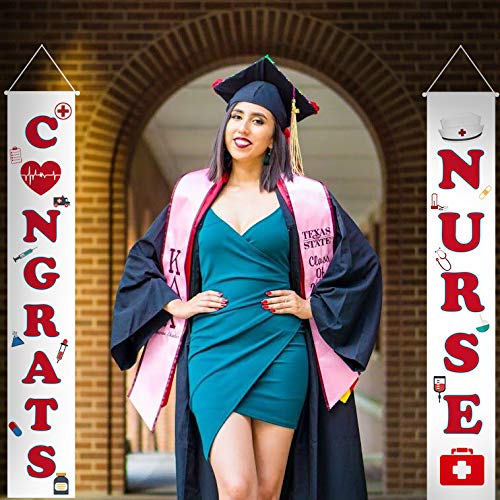 Nurse Graduation Decorations Porch Sign - Congrats Grad Decorations Hanging Banners for Indoor/Outdoor Nurse Graduation Party Supplies, 2023 RN Graduation Front Door Signs