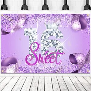 happy 16th birthday banner backdrop sweet 16 years old queen purple background bday decorations for girls women photography party supplies glitter