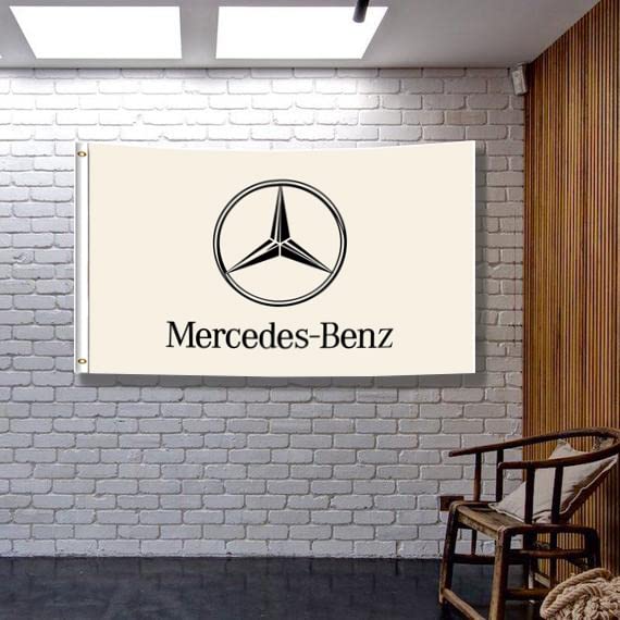 KasFlag White Mercedes Banner Benz Flag 3x5ft (150D Poly HD Printing) College Room Dorm Decor Wall Decor