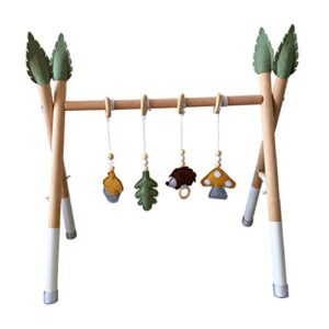 menolana Portable Wooden Baby Gym, Foldable Baby Play Gym Frame with Wooden Baby Toys, Baby Exercise Activity Gym Hanging Bar Newborn Baby Gift - JSJ3-9, with 4 Hanging Toys