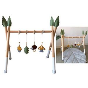 menolana Portable Wooden Baby Gym, Foldable Baby Play Gym Frame with Wooden Baby Toys, Baby Exercise Activity Gym Hanging Bar Newborn Baby Gift - JSJ3-9, with 4 Hanging Toys