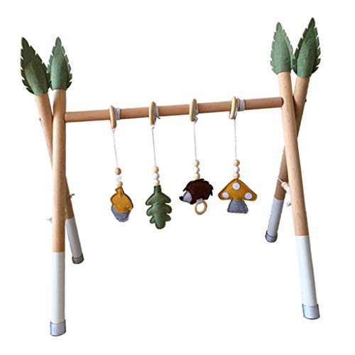 menolana Portable Wooden Baby Gym, Foldable Baby Play Gym Frame with Wooden Baby Toys, Baby Exercise Activity Gym Hanging Bar Newborn Baby Gift - JSJ3-9, with 4 Hanging Toys