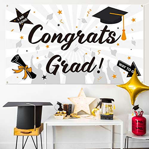 WATINC Graduation Background Banner 78" x 45" XtraLarge Backdrops Congrats Grad Congratulations I Am Done Diploma Way To Go Party Decorations Supplies for Indoor Outdoor Photo Booth Props