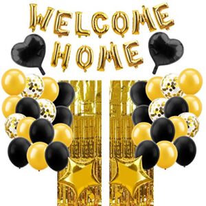lnlofen welcome home balloon banner decorations kit, 39pcs, including gold welcome home balloons sign, foil curtains, latex & foil balloons for home decoration family party supplies