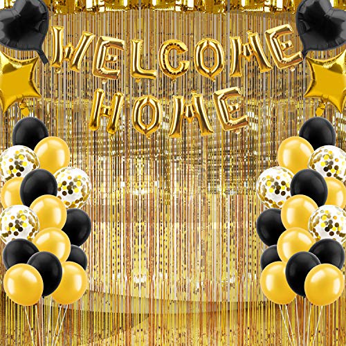 Lnlofen Welcome Home Balloon Banner Decorations Kit, 39Pcs, Including Gold Welcome Home Balloons Sign, Foil Curtains, Latex & Foil Balloons for Home Decoration Family Party Supplies