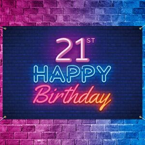 glow neon happy 21st birthday backdrop banner decor black – colorful glowing 21 years old birthday party theme decorations for men women supplies