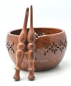 the knox craft – wooden yarn bowl holder, yarn bowl storage with carved holes, large yarn holder with 2 crochet hooks (rosewood),(7×4)