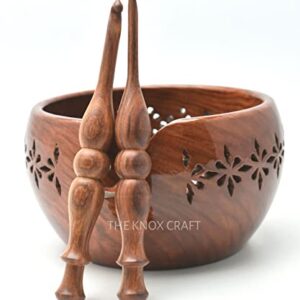 THE KNOX CRAFT - Wooden Yarn Bowl Holder, Yarn Bowl Storage with Carved Holes, Large Yarn Holder with 2 Crochet Hooks (Rosewood),(7x4)