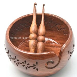 THE KNOX CRAFT - Wooden Yarn Bowl Holder, Yarn Bowl Storage with Carved Holes, Large Yarn Holder with 2 Crochet Hooks (Rosewood),(7x4)