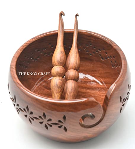 THE KNOX CRAFT - Wooden Yarn Bowl Holder, Yarn Bowl Storage with Carved Holes, Large Yarn Holder with 2 Crochet Hooks (Rosewood),(7x4)