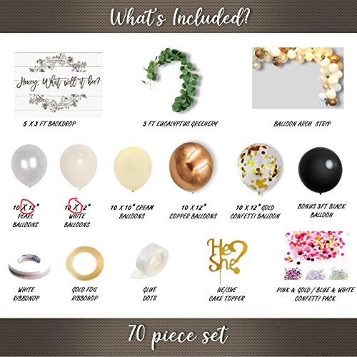 Gender Reveal Party Supplies - 70 Pieces - What Will It Bee Gender Reveal Banner, Gold, Green, Black, White Color Theme - Kit with Arch, Greenery, Balloons, Cake Topper, Black Gender Reveal Balloon