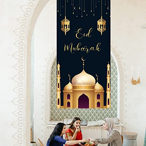 KYMY Eid Mubarak Door Cover with 70.8X35.4 inch,Eid Mubarak Backdrop,Muslim Islamic Ramadan Door Banner Sign for Eid Mubuark Party Home Decoration