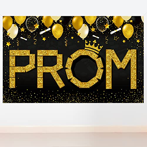 Prom Banner Prom Photo Banner Graduation Prom 2023 Party Decorations Supplies Photo Backdrop Gold and Black Large Congrats Banner for Graduation Prom Banner Hanging