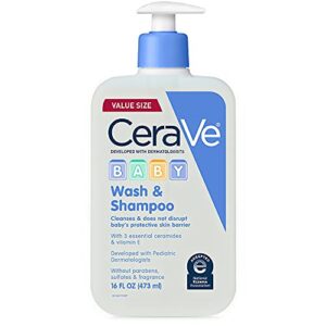cerave baby wash & shampoo | 2-in-1 tear-free baby wash for baby skin & hair | fragrance, paraben, dye, phthalates & sulfate free for baby bath| baby soap with vitamin e | 16 ounce