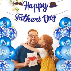 Father's Day Decorations Blue Glitter Happy Father's Day Banner Cake Topper Blue Father's Day Balloons Photo Booth Backdrop Bunting Banner Sign Decor