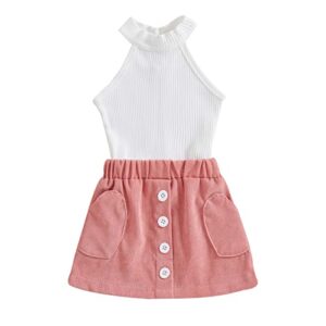 kids toddler little girl summer clothes sleeveless knit tank top mini skirt bag belt set 3pcs outfits for baby (sleeveless+pink, 3-4 years)